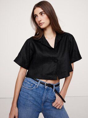 NWT! Banana Republic Black Euro Linen Oversized Cropped Resort Top Shirt L